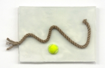 <p>Drei unausführbare Verschiebungen: von vorne nach hinten</p><p> </p><p>2013<br />wax, rope, tennis ball<br />37,5 x 60 x 4 cm</p>