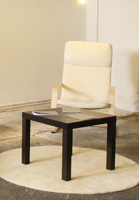 <p>EMOTIONAL ANATOMY (MIND GAMES)</p><div><p> </p><p> </p><p>2011</p><p>Three chairs, three energy-saving lights, table, mat, three text publications</p><p>dimensions variable</p></div><p> </p>