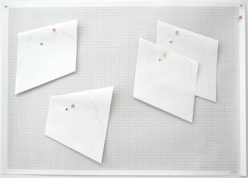 <p>schematic for your mind my mind through the same<br />space twice (transference)</p><p> </p><p>2015<br />pen, cosmetic foundation, magnets, acid free graph</p><p>paper 100gsm, acid free vellum dot paper 80gsm</p><p>59,4 x 84,1 x 1 cm</p>