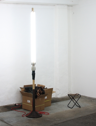 <p>Latavia / 44 chaises</p><p> </p><p>2012</p><p>3 cardboard boxes, 44 numbered chairs, neon lamp</p><p>Box 34 x 34 x 49 cm, chair 37 x 28 x 28,5 cm,<br />lamp 259 x 38 x 38 cm</p>