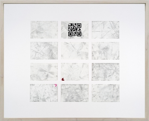 <p>DELETHE Visitenkarten Nr. 2</p><p> </p><p>2014<br />set of twelve business cards of paper with QR code, metal abrasion<br />framed 38,3 x 46,6 cm</p>