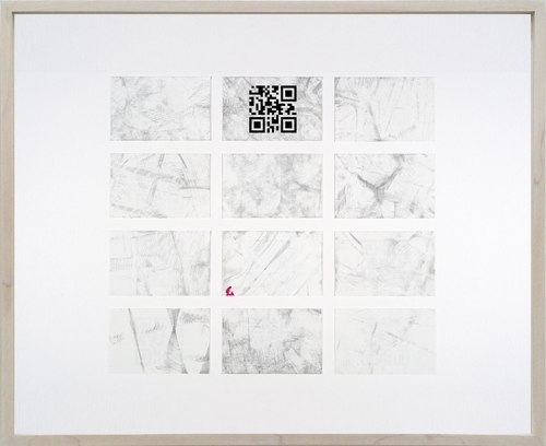 <p>DELETHE Visitenkarten Nr. 3</p><p> </p><p>2014<br />set of twelve business cards of paper with QR code, metal abrasion<br />framed 38,3 x 46,6 cm</p>