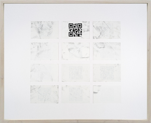 <p>DELETHE Visitenkarten Nr. 5</p><p> </p><p>2014<br />set of twelve business cards of paper with QR code, metal abrasion<br />framed 38,3 x 46,6 cm</p>