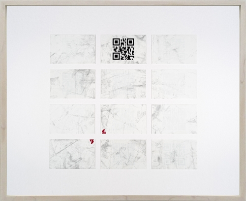 <p>DELETHE Visitenkarten Nr. 6</p><p> </p><p>2014<br />set of twelve business cards of paper with QR code, metal abrasion<br />framed 38,3 x 46,6 cm</p>