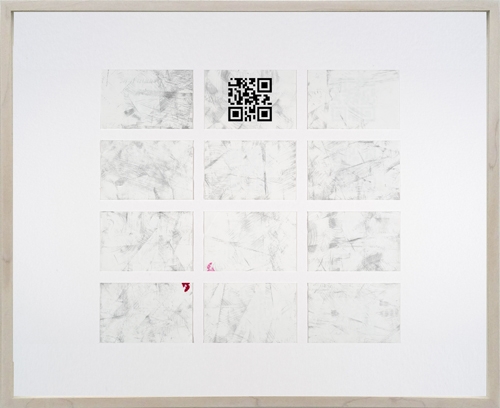 <p>DELETHE Visitenkarten Nr. 9</p><p> </p><p>2014<br />set of twelve business cards of paper with QR code, metal abrasion<br />framed 38,3 x 46,6 cm</p>