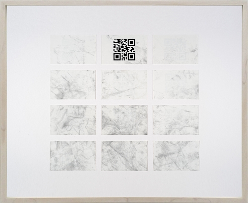 <p>DELETHE Visitenkarten Nr. 13</p><p> </p><p>2014<br />set of twelve business cards of paper with QR code, metal abrasion<br />framed 38,3 x 46,6 cm</p>