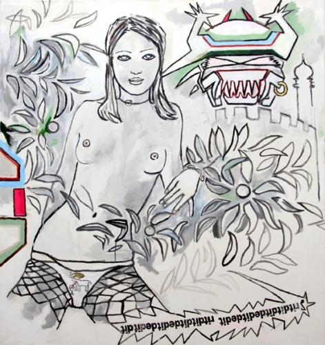 <p>San Marco und der Schweinetechno der aus den<br />Büschen kommt</p><p> </p><p>2002<br />Acrylic, oil and metal leaf on canvas<br />160 x 150 cm</p>