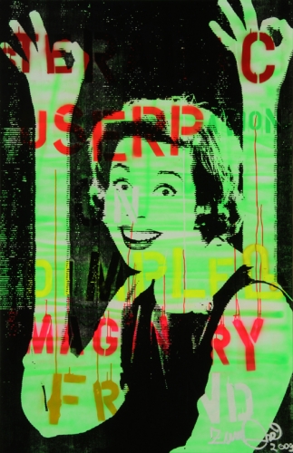 <p>Cabarets Userpation on dimpled Imaginary Friend<br /><br />2009<br />Silkscreen and acrylic on linen<br />185 x 120 x 4 cm</p>